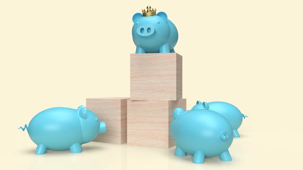 blue pig bank and crown on wood cube for business content 3d rendering