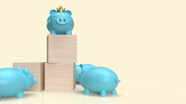 blue pig bank and crown on wood cube for business content 3d rendering