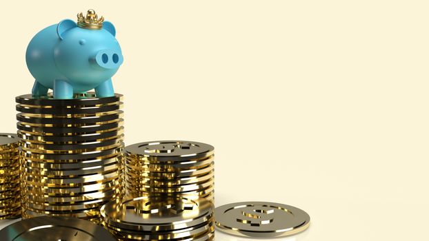 blue pig bank and crown on gold coins for business content 3d rendering.