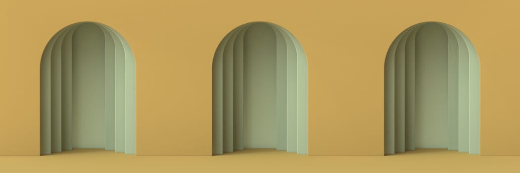 Abstract mock up three doors 3D render illustration on brown background