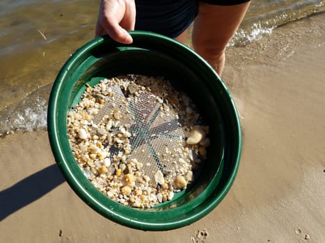 female hand holding strainer with stones at beach with water and sand