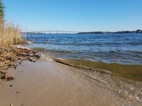 bridge at Solomons Island, Maryland with waves in water