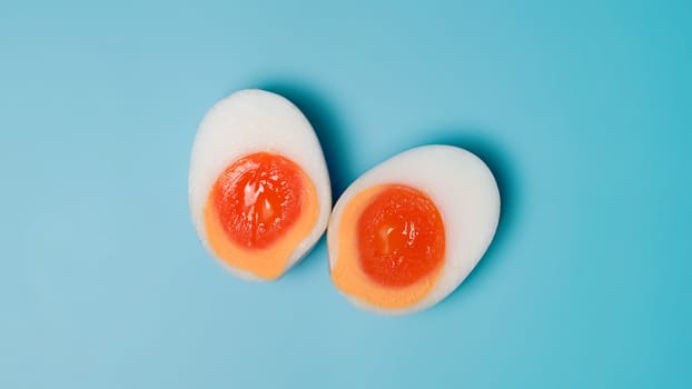 Boiled duck egg on blue background.