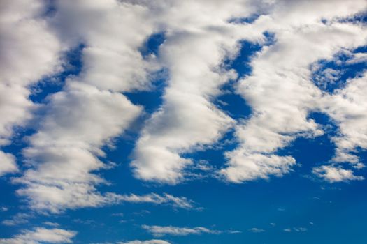 Lush white clouds float in an even symmetrical formation across the bright, saturated blue sky, image with copy space.