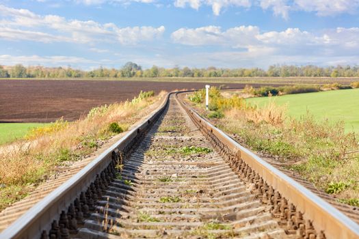 A single railroad track with a turn is laid among fields against the background of a rural landscape, the central composition, copy space.