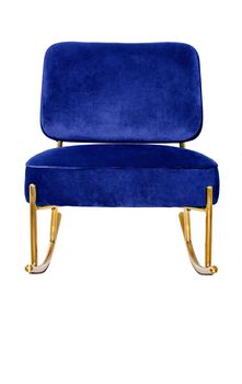 Soft, comfortable rocking chair on a metal frame with soft blue upholstery sewn around the perimeter. The image is isolated on a white background.