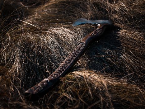 Close up look at the ancient Scandinavian vikings axe at the summer sunset on the deep grass