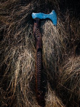 Close up look at the ancient Scandinavian vikings axe at the summer sunset on the deep grass