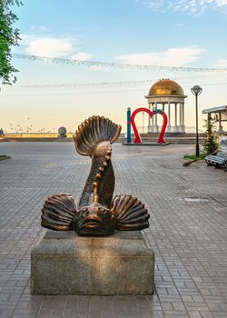 Berdyansk, Ukraine 07.23.2020. Sculpture of the Breadwinner in Berdyansk, Ukraine, on an early summer morning