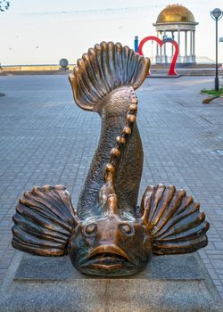 Berdyansk, Ukraine 07.23.2020. Sculpture of the Breadwinner in Berdyansk, Ukraine, on an early summer morning