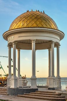 Berdyansk, Ukraine 07.23.2020. Alcove on the embankment of the Sea of Azov in Berdyansk, Ukraine, in an early summer morning