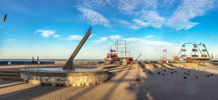 Berdyansk, Ukraine 07.23.2020. Sundial on the embankment of the Sea of Azov in Berdyansk, Ukraine, in an early summer morning