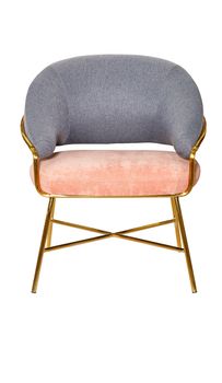 A soft, comfortable armchair on a metal frame with fabric beige and gray upholstery, photographed from the front. The image is isolated on a white background.