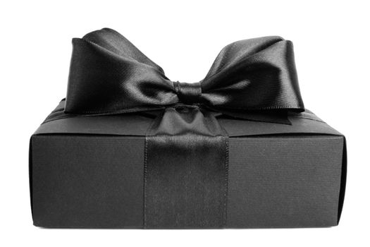 Black friday gift, paper box with silk ribbon bow isolated on white background