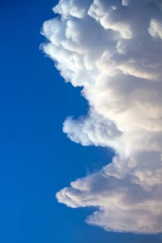 Cumulus clouds are white against the blue sky. Beautiful background image of the sky. Vertical image