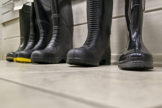 Different rubber boots, work shoes for rainy dirty weather