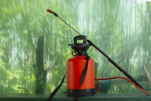 garden sprayer for pesticides stands on a green background