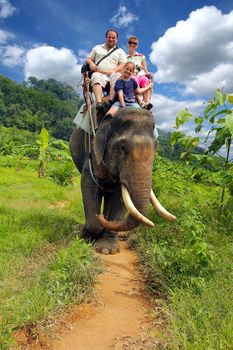 Riding an elephant. A young family with a child ride an elephant on a background of green jungle and a beautiful blue sky with clouds. road