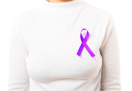 National Epilepsy or Alzheimer disease Day Concept. Young woman stick purple ribbon on the chest symbol of Pancreatic cancer, Epilepsy awareness and world Lupus Day and world cancer isolated white background