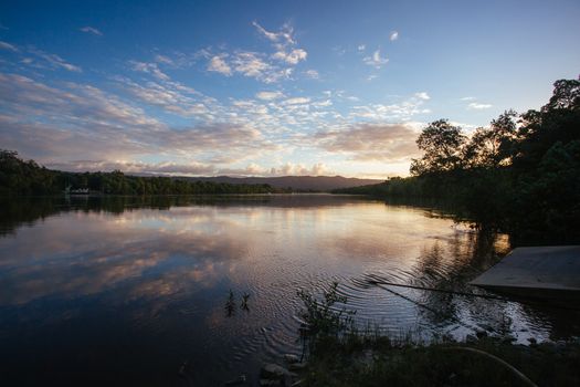 The Daintree River ferry crossing at sunset near the ferry crossing in far nth Queensland, Australia
