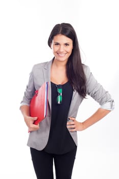 beautiful happy businesswoman with glasses and a red folder