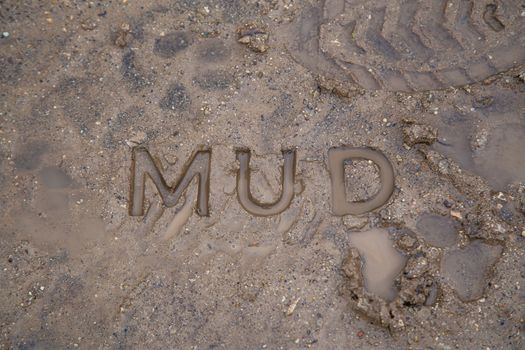 the word mud imprinted in wet dirt road surface - close-up with selective focus.