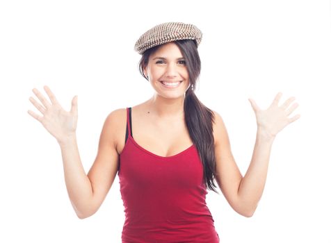 pretty smiling and cheerful brunette woman with french cap and red tank top