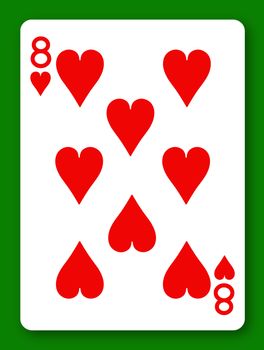 An 8 Eight of Hearts playing card with clipping path to remove background and shadow 3d illustration