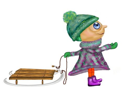 Cartoon girl in winter clothes with a sled. Funny girl in winter clothes. Winter children activity concept. Christmas vacation. Stock illustration