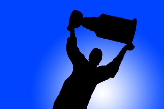 An illustrated hockey player hoisting the trophy after winning the tournament.
