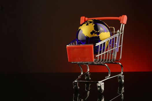 A conceptual image of global shopping over a red background.