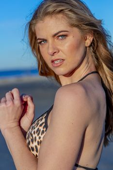 A gorgeous bikini model posing in a beach environment