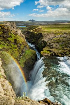 Huldufoss waterfall along the road to Langisjor lake in a summer sunny day, Iceland