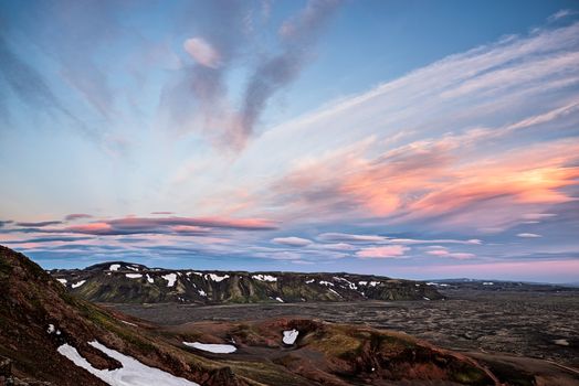 On the left side of Lakagigar volcanic fissure at sunset, Iceland
