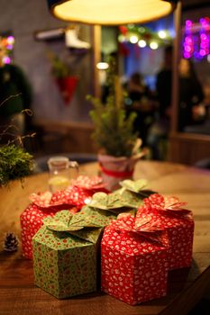 boxes with New Year's gifts at the Christmas party.