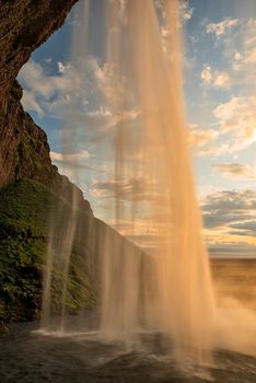 Seljalandsfoss waterfall at sunset in summertime, Iceland