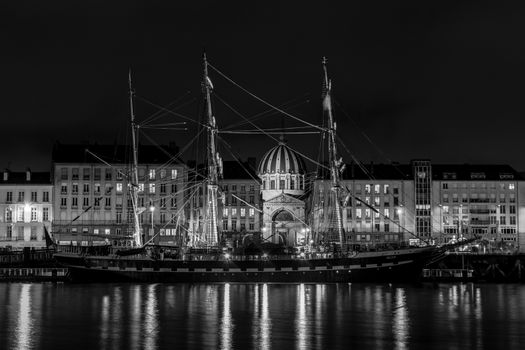 Black and white picture of the Belem, 3 masted sail ship moored in its home port of Nantes France.