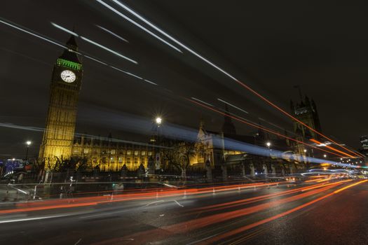 Long exposure shot of Big Ben and the Houses of the Parliament in London at night