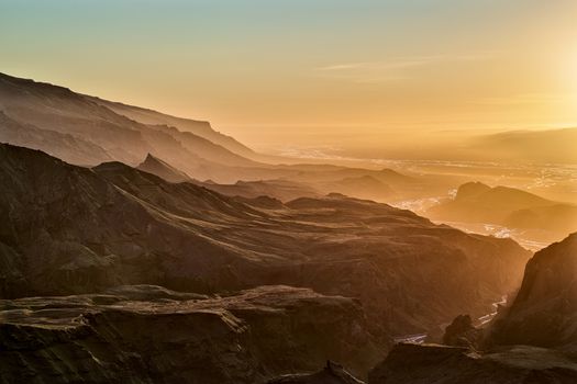 Thorsmork’s mountains seen from the top of the mountain at sunset in backlit, Iceland