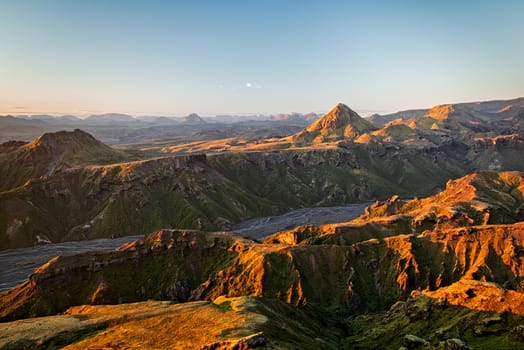 Thorsmork’s mountains seen from the top of the mountain at sunset, Iceland