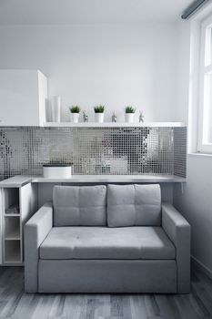 Minimalistic interior of a bright small apartment. Gray sofa.