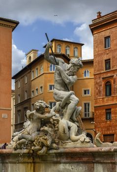 Fontana del Nettuno, fountain of Neptune, in colorful Piazza Navona, Roma, Italy