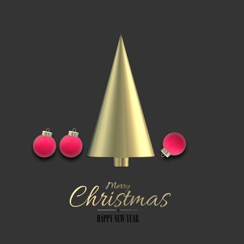 3D abstract Christmas card with golden Xmas tree, Xmas pink red balls baubles on black background. Text Merry Christmas Happy New Year. 3D render design