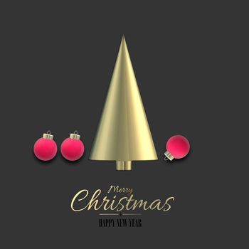 3D abstract Christmas card with golden Xmas tree, Xmas pink red balls baubles on black background. Text Merry Christmas Happy New Year. 3D render design