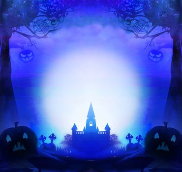 Halloween night background with scary pumpkins and silhouette of haunted house.