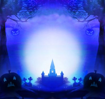 Halloween night background with scary pumpkins and silhouette of haunted house.