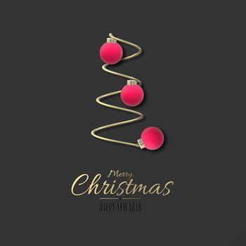 3D modern abstract Christmas holiday card on black. Gold abstract Xmas tree and pink red realistic balls baubles on black background. Gold text Merry Christmas Happy New Year. 3D illustration.