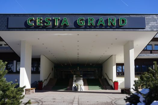 Bad Gasteian, Austria - February 2018: Entrance to the hotel Cesta Grand