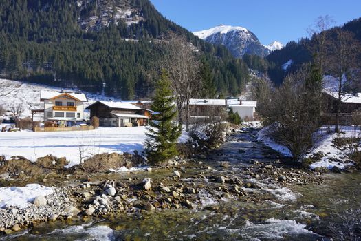 Bad Gasteian, Austria - February 2018: Alpine ski resort village in winter