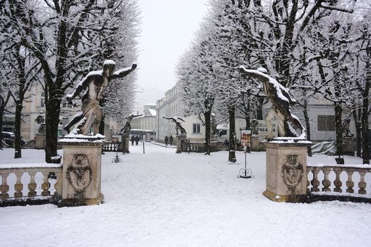Salzburg, Austria - February 2018: Mirabell garden in winter